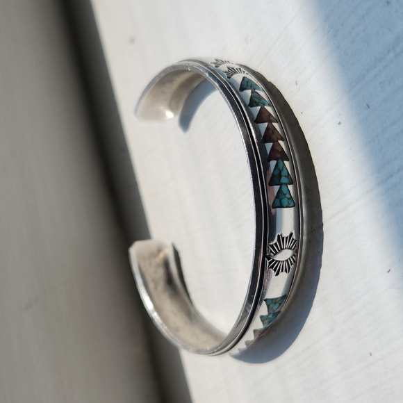 Vintage Nakai Silver Turquise and Coral Inlay Bracelet - Picture 9 of 12